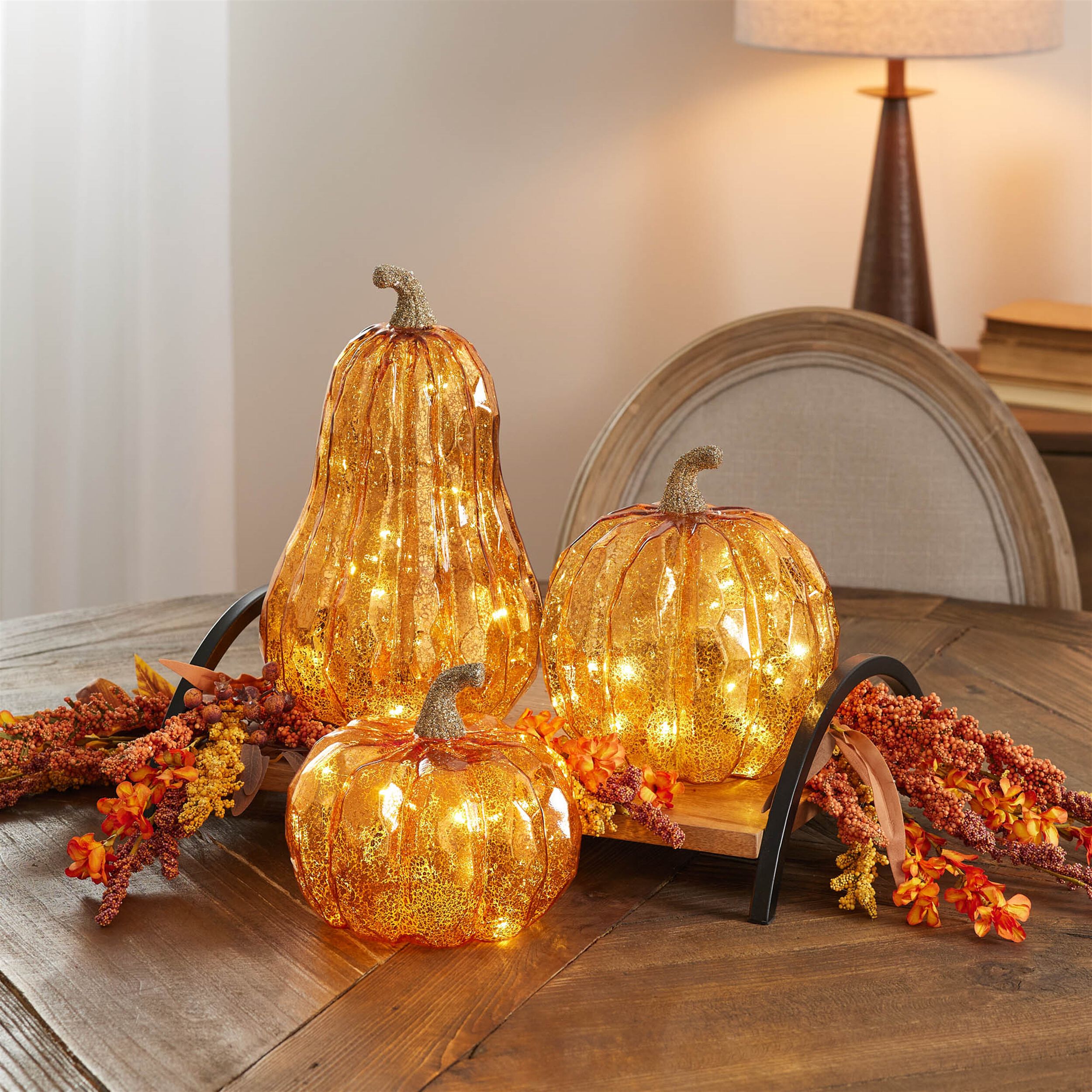 LED Mercury Glass Pumpkin Decor (Set of 3), ORANGE, alternate image number 1