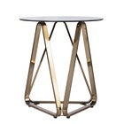Stondon round end table with glass top and sculpted metal base in bronze/gold finish (different angle)