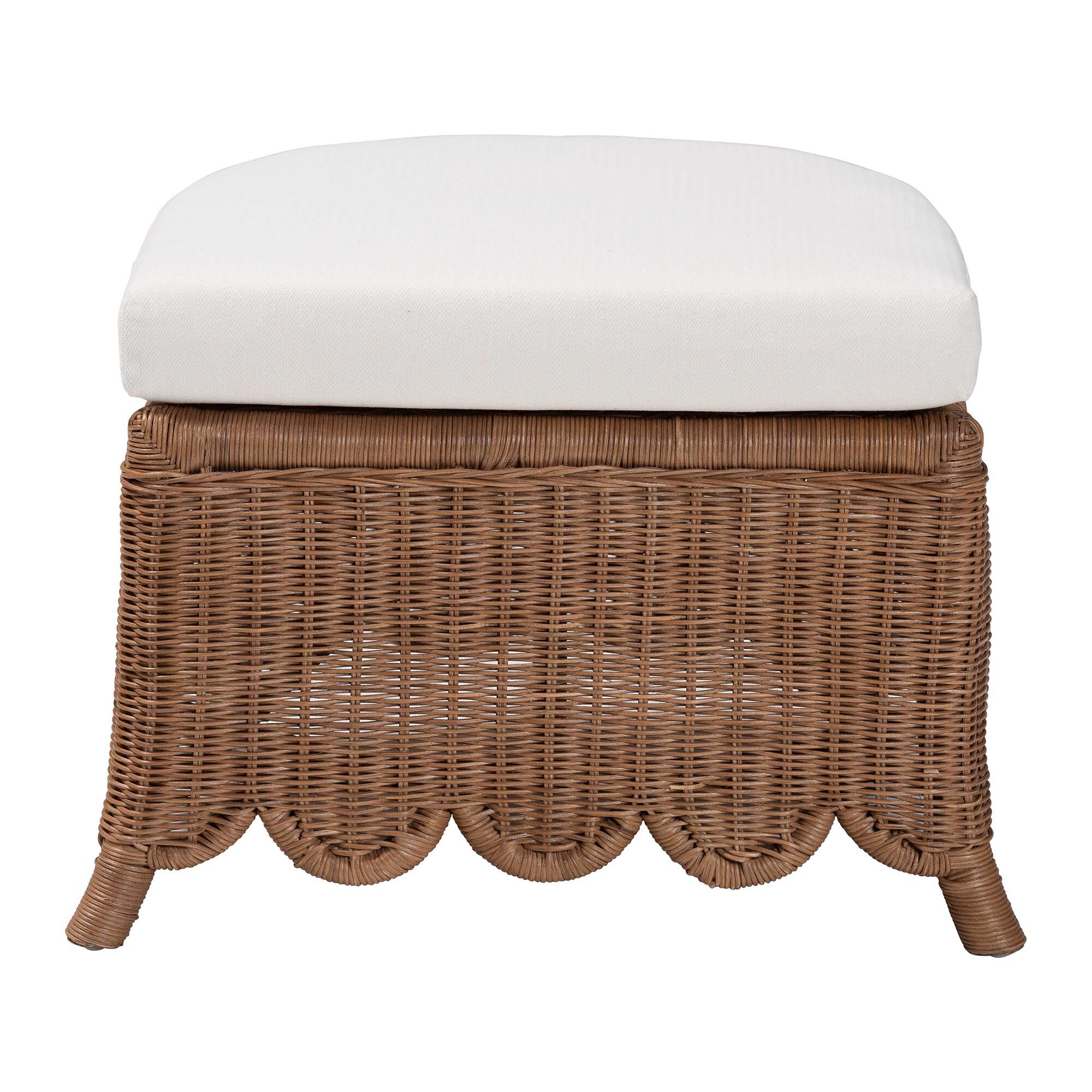 Natural rattan footstool with white cushion