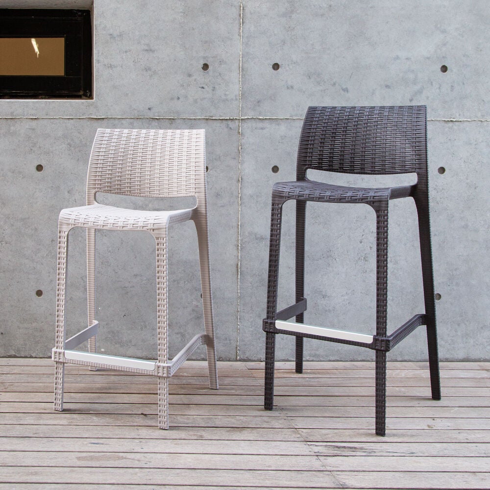 Pair of outdoor stackable counter stools with woven seats and backs
