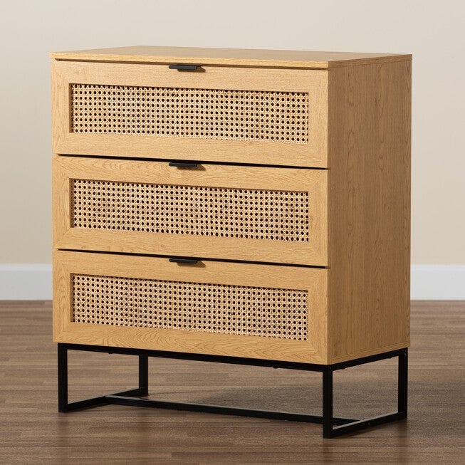 Sawyer Mid-Century Modern Industrial Oak Brown Finished Wood And Black Metal 3-Drawer Storage Cabinet With Natural Rattan, , alternate image number null