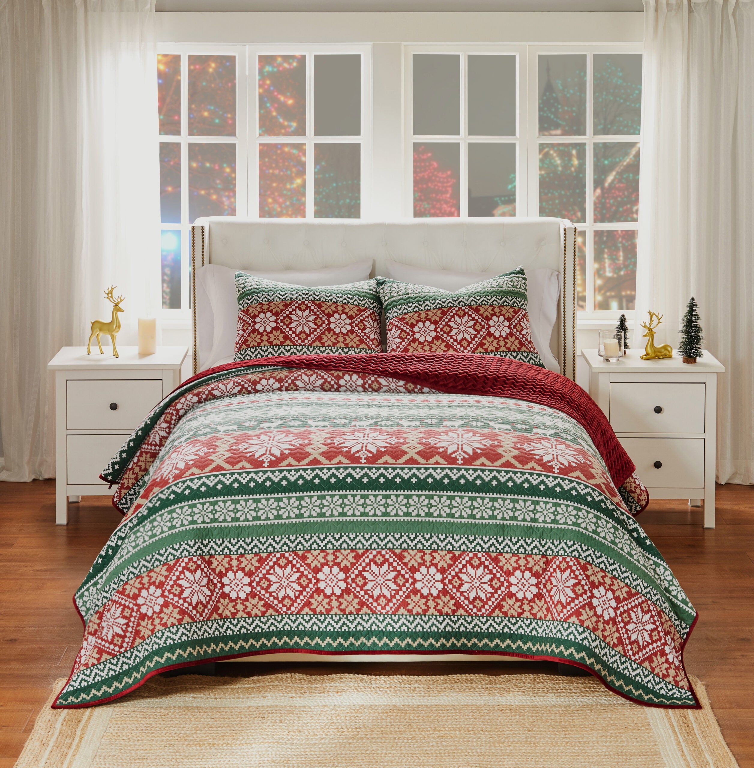 Fair Isle Festive Winter Holiday Finely Stitched Quilt Set, RED, alternate image number 3