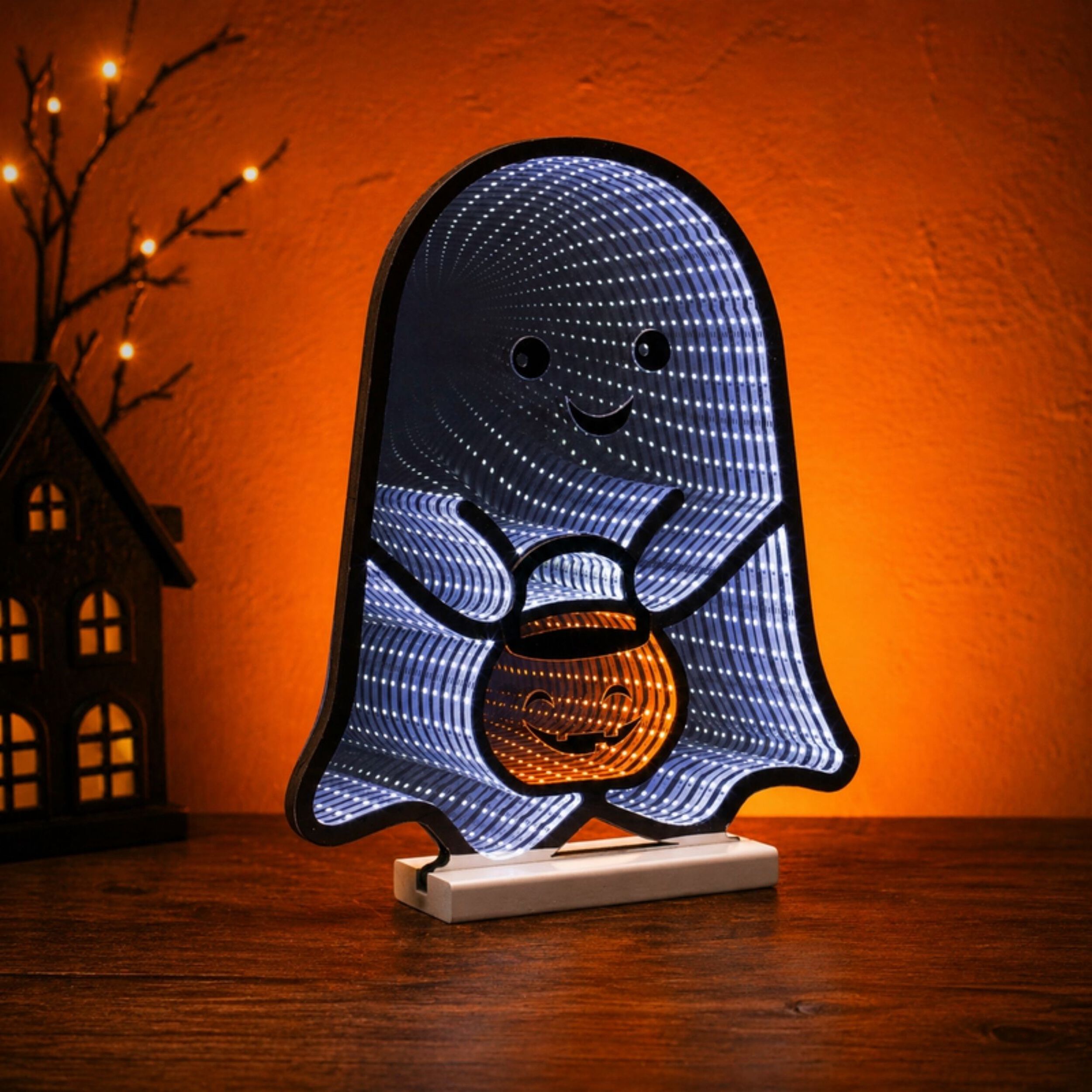 Ghost w/Candy Bucket Ekkolight 16 inchesH, WHITE ORANGE BLACK, alternate image number 3