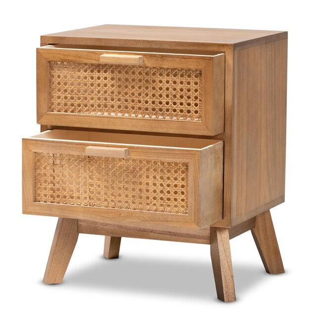 Baden Mid-Century Modern Walnut Brown Finished Wood 2-Drawer Nightstand With Rattan, , on-hover image number null