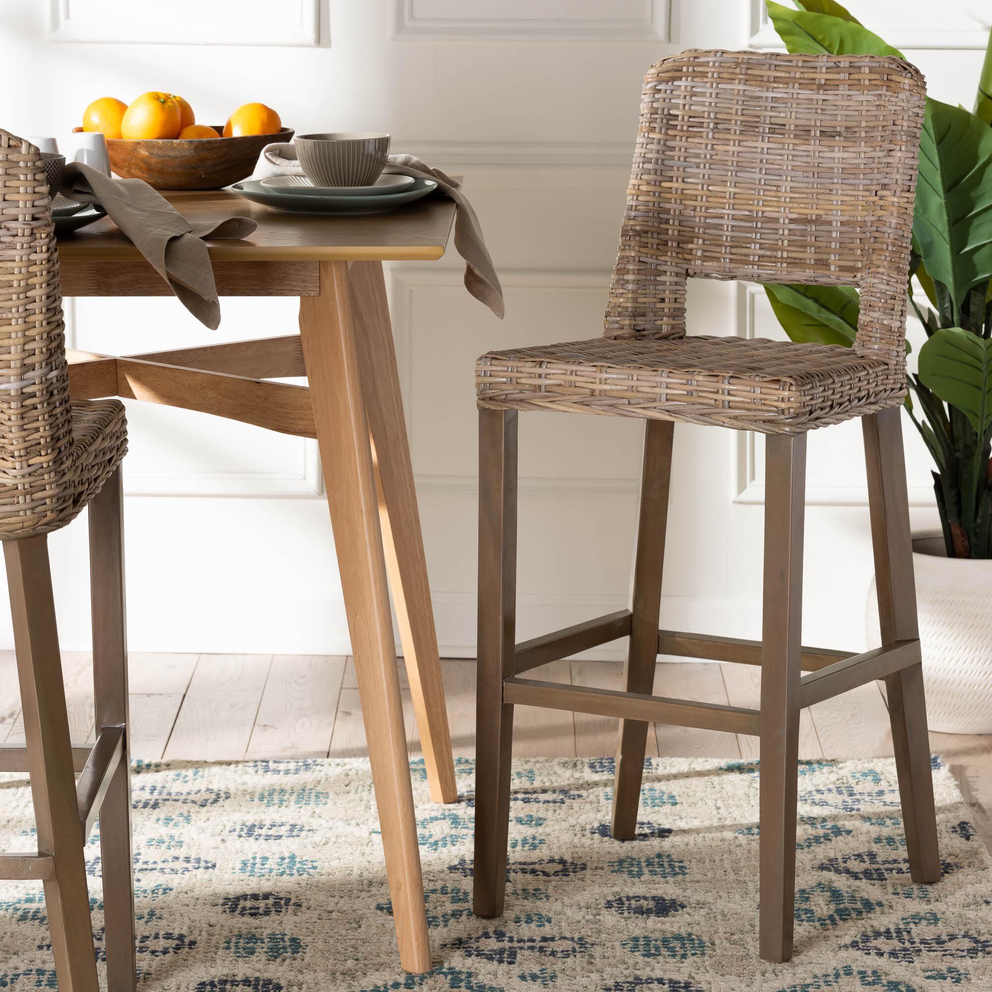 Magy Modern Bohemian Grey Kubu Rattan and Mahogany Wood Bar Stool, GREY, hi-res image number 0