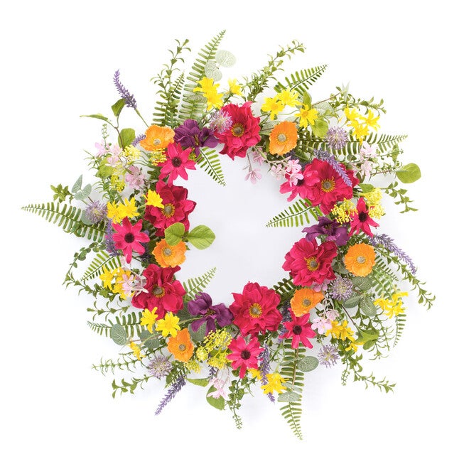Mixed Fern And Wildflower Floral Wreath 23 inchesD, YELLOW, hi-res image number 0