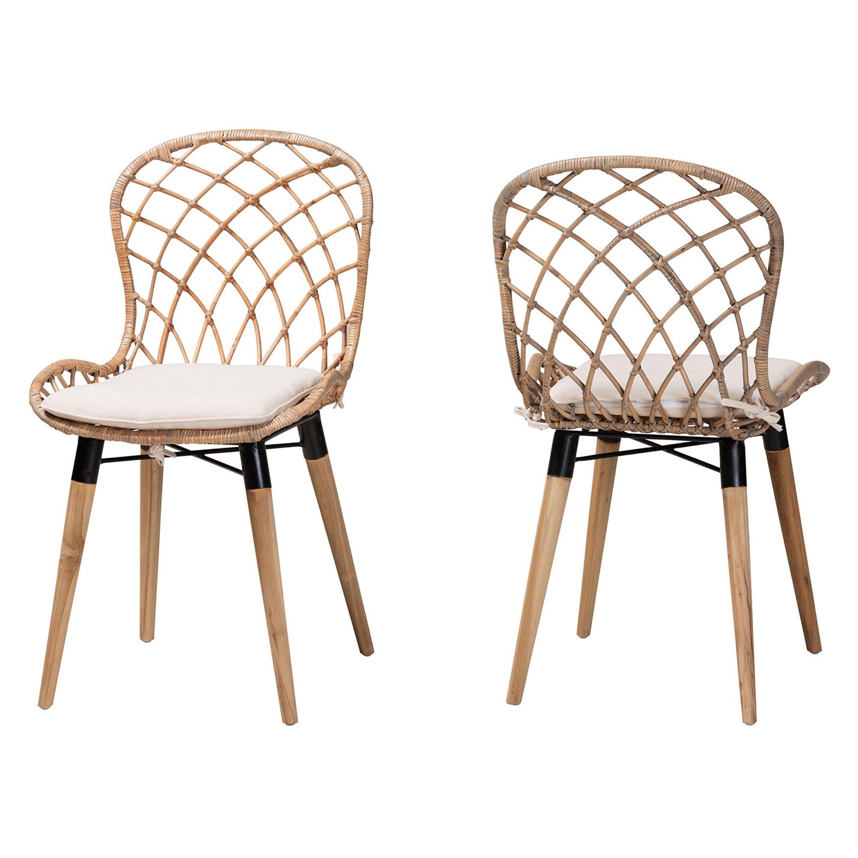 Sabelle Modern Bohemian Black Finished Rattan And Metal Dining Chair, NATURAL BROWN GREY, hi-res image number 0