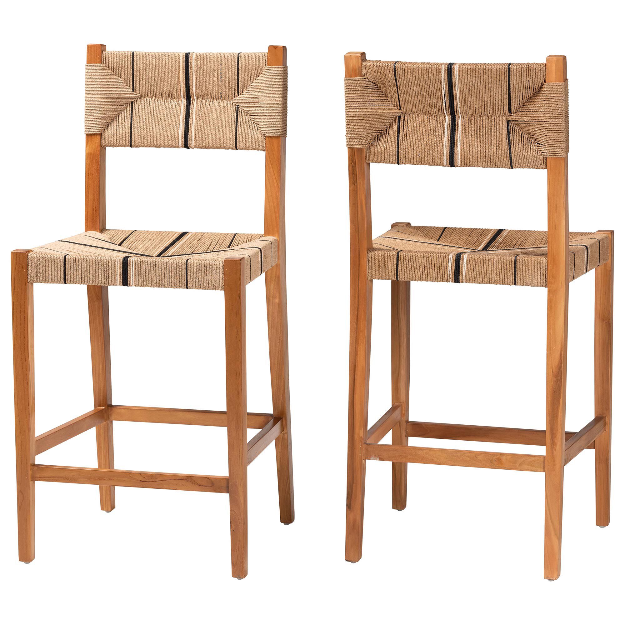 Prita Bohemian Paper Loom and Natural Mahogany Wood 2-Piece Bar Stool Set, BROWN, alternate image number 1