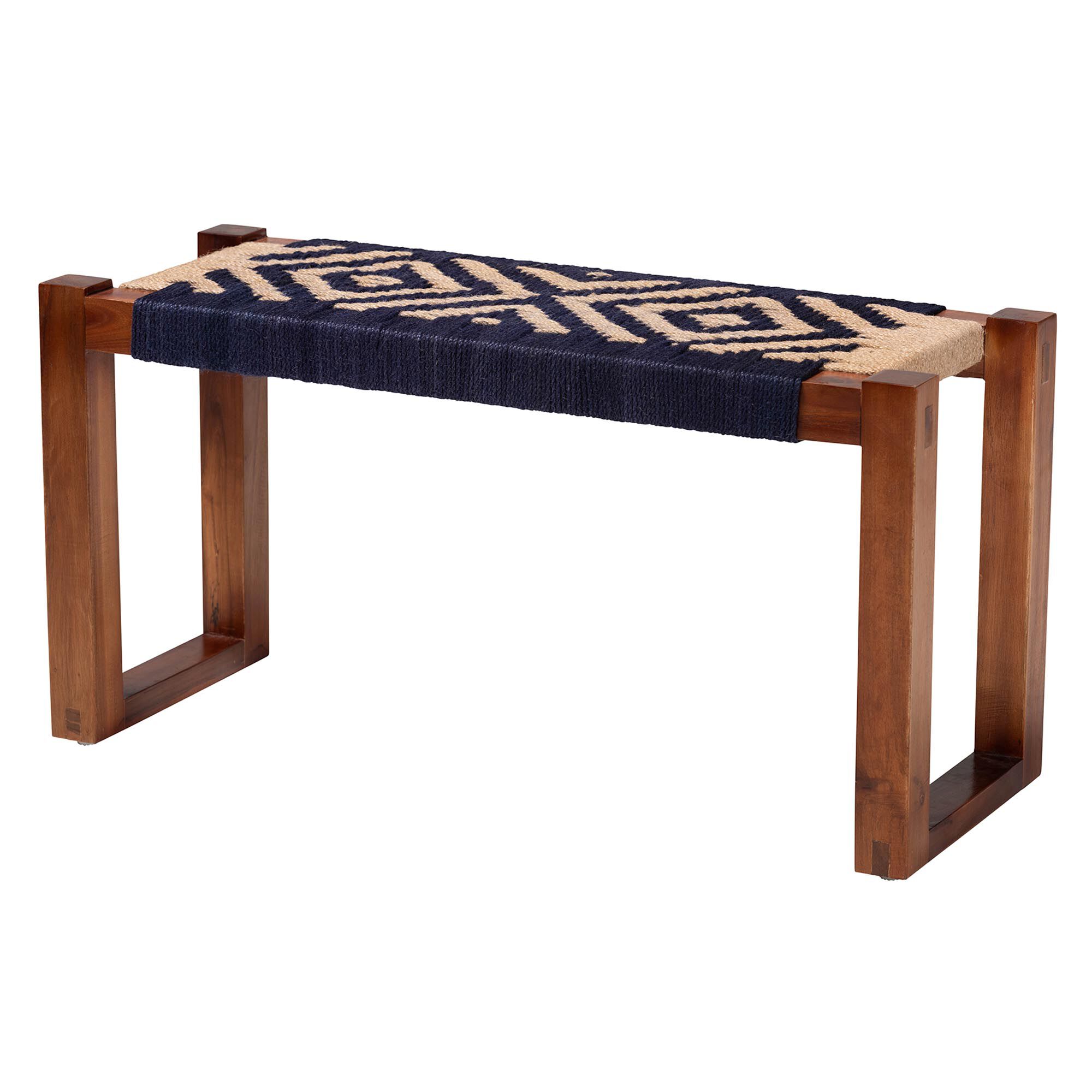 Prunella Modern Bohemian Two-Tone Navy Blue and Natural Brown Seagrass and Acacia Wood Accent Bench, BLUE, alternate image number 2