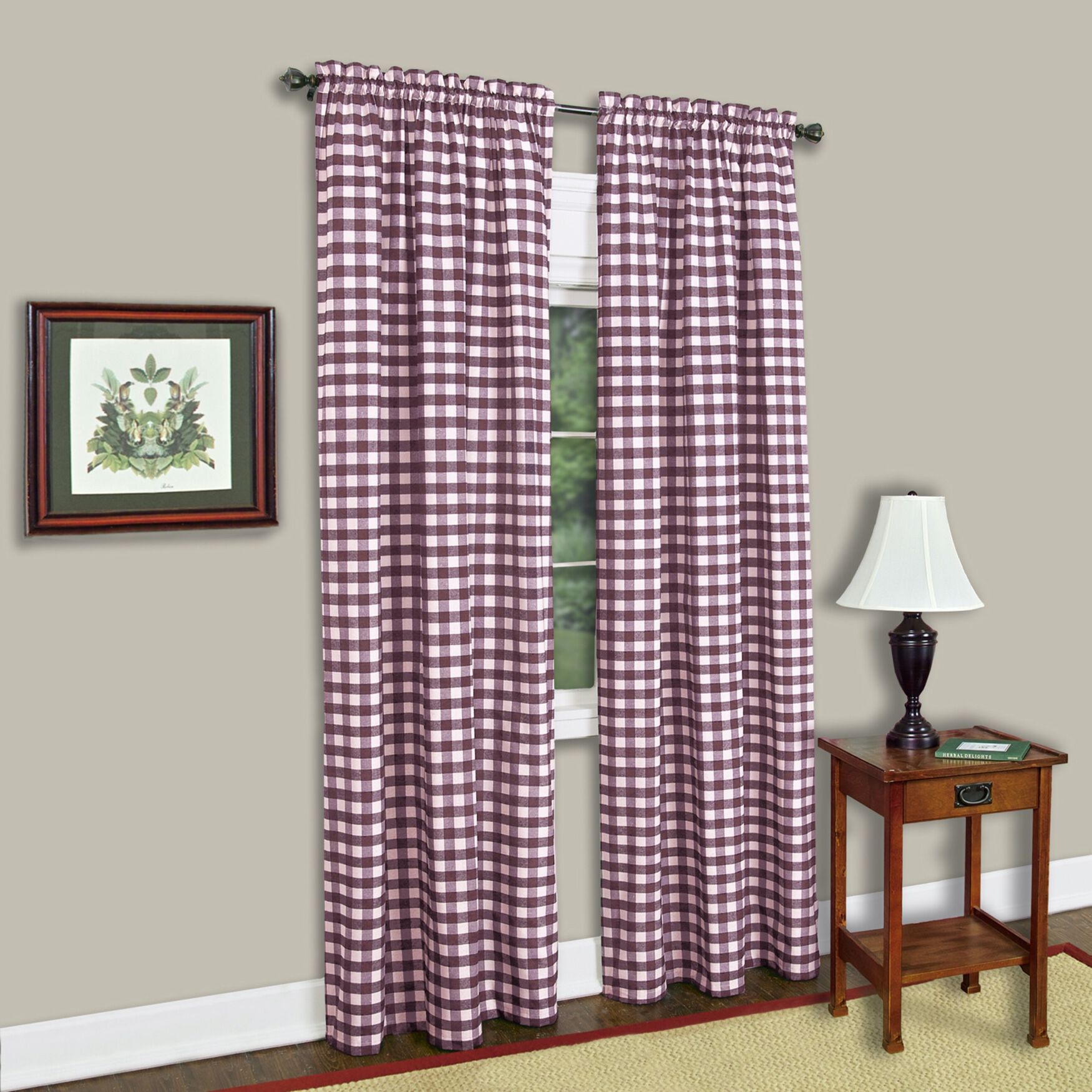Buffalo Check Window Curtain Panel, BURGUNDY, hi-res image number 0