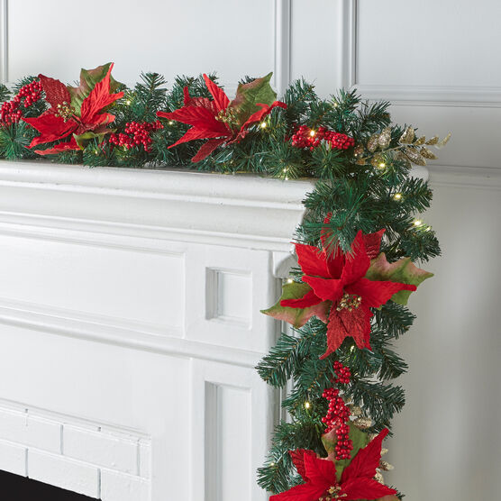 Pre-Lit Poinsettia 9' Garland, RED, hi-res image number null