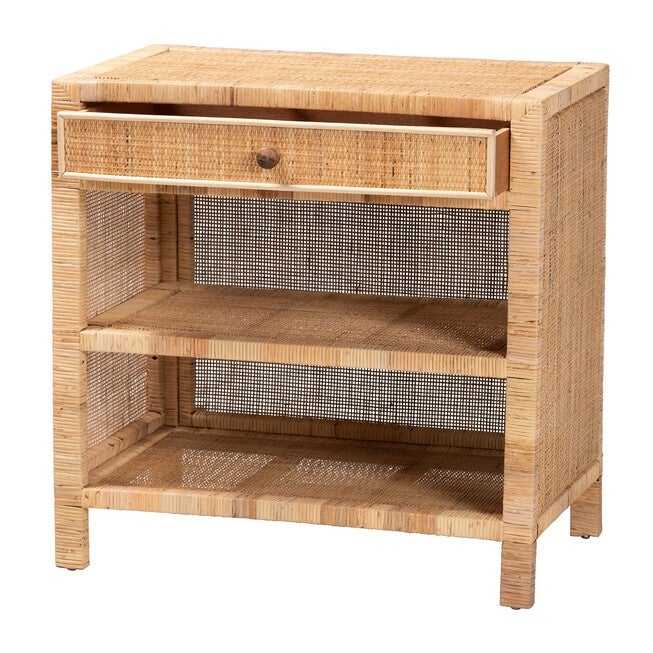 Bella Modern Bohemian Natural Brown Mahogany Wood And Natural Rattan 1-Drawer Console Table, , on-hover image number null
