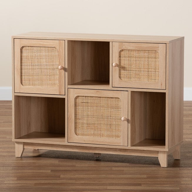 Elsbeth Mid-Century Modern Light Brown Finished Wood And Natural Rattan 3-Door Sideboard, , alternate image number null