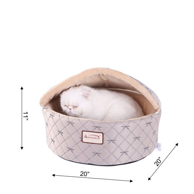 Cuddle Cave Cat Bed With Detachable & Collasible Zipper Top, Small, Pale Silver and Beige, , alternate image number null