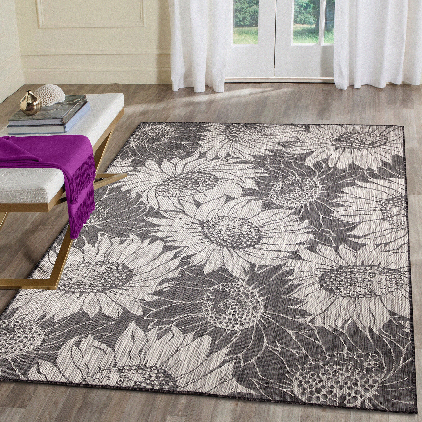 Liora Manne Carmel Sunflower Field Indoor/Outdoor Area Rug Green 4 feet 10 inches x 7 feet 6 inches, , alternate image number 4