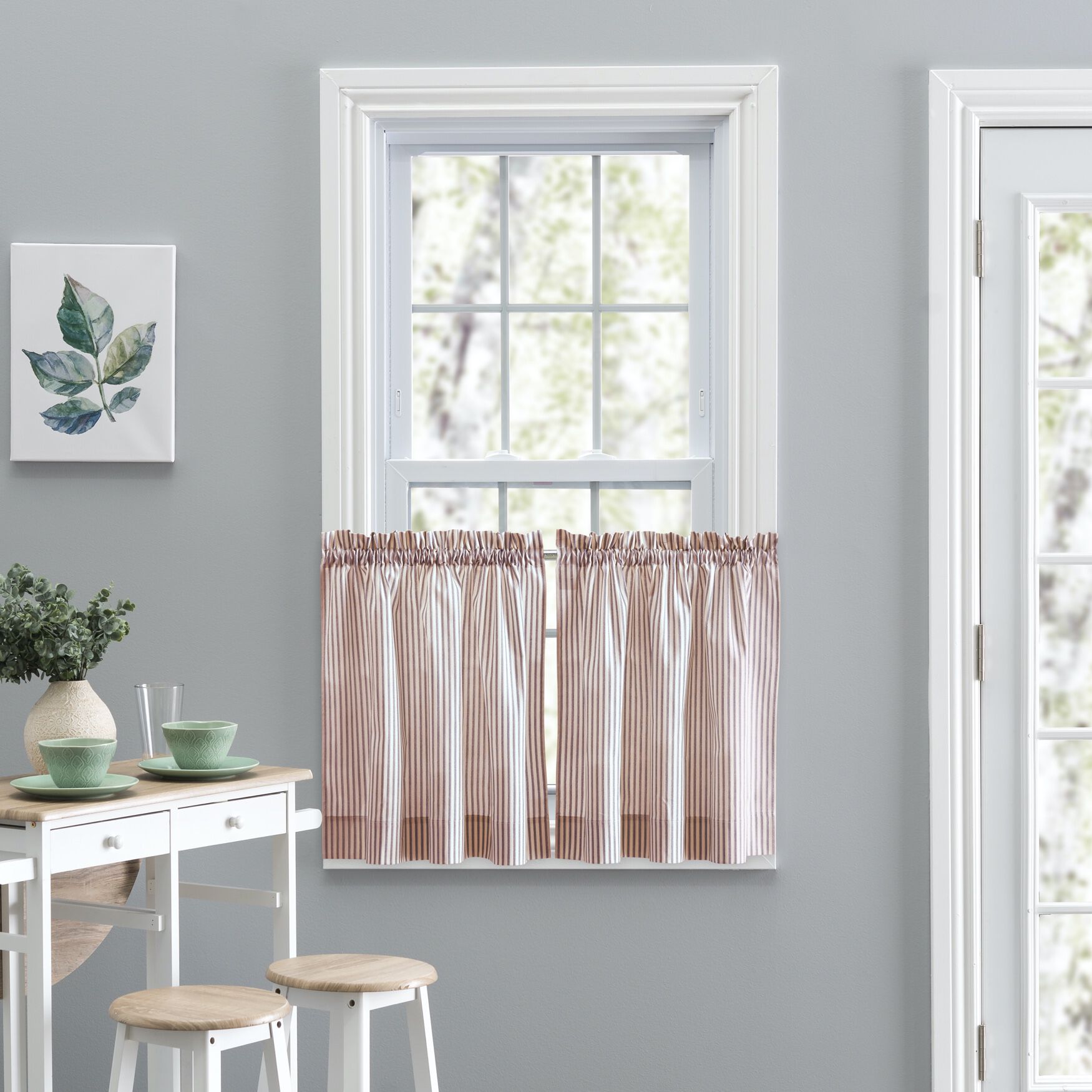 Plaza Stripe Tailored Tier Curtain Pair, BRICK, hi-res image number 0