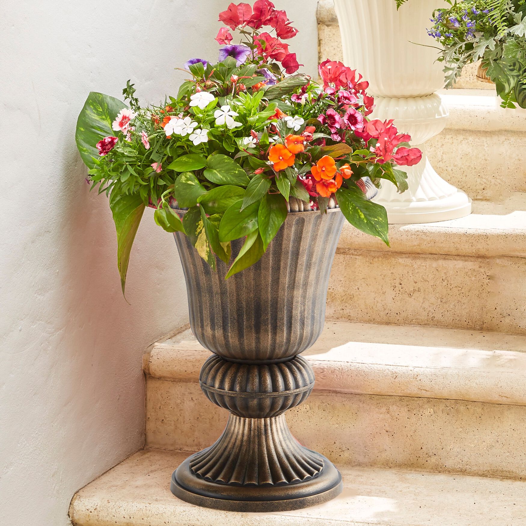 Traditional Embry Plastic Urn Planter, BRONZE, on-hover image number 1