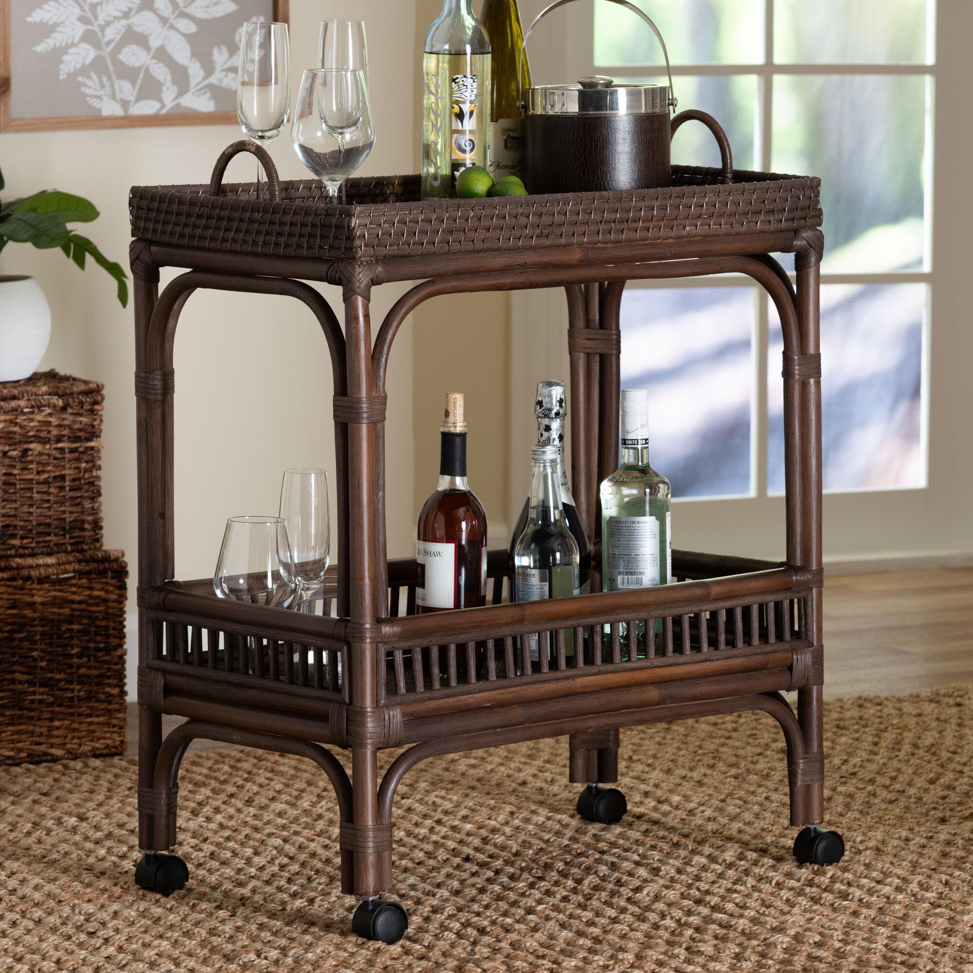Lombok Natural Rattan Wine Cart, COFFEE, hi-res image number 0