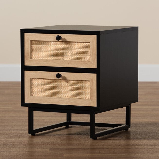 Declan Mid-Century Modern Espresso Brown Finished Wood And Natural Rattan 2-Drawer Nightstand, , alternate image number 8