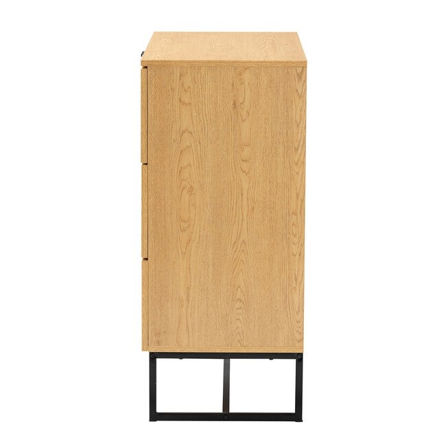 Sawyer Mid-Century Modern Industrial Oak Brown Finished Wood And Black Metal 3-Drawer Storage Cabinet With Natural Rattan, , alternate image number null