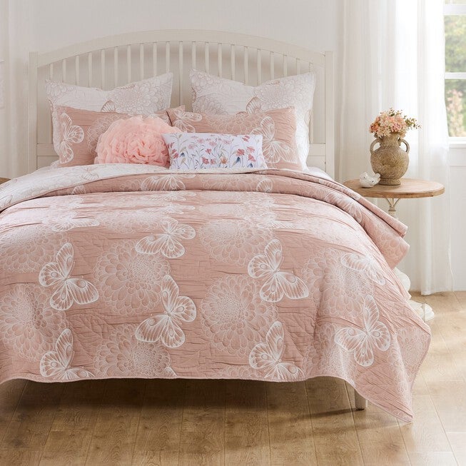 Mariposa Reversible Matelassé Blossom and Butterflies Coverelet Set, PINK, hi-res image number 0