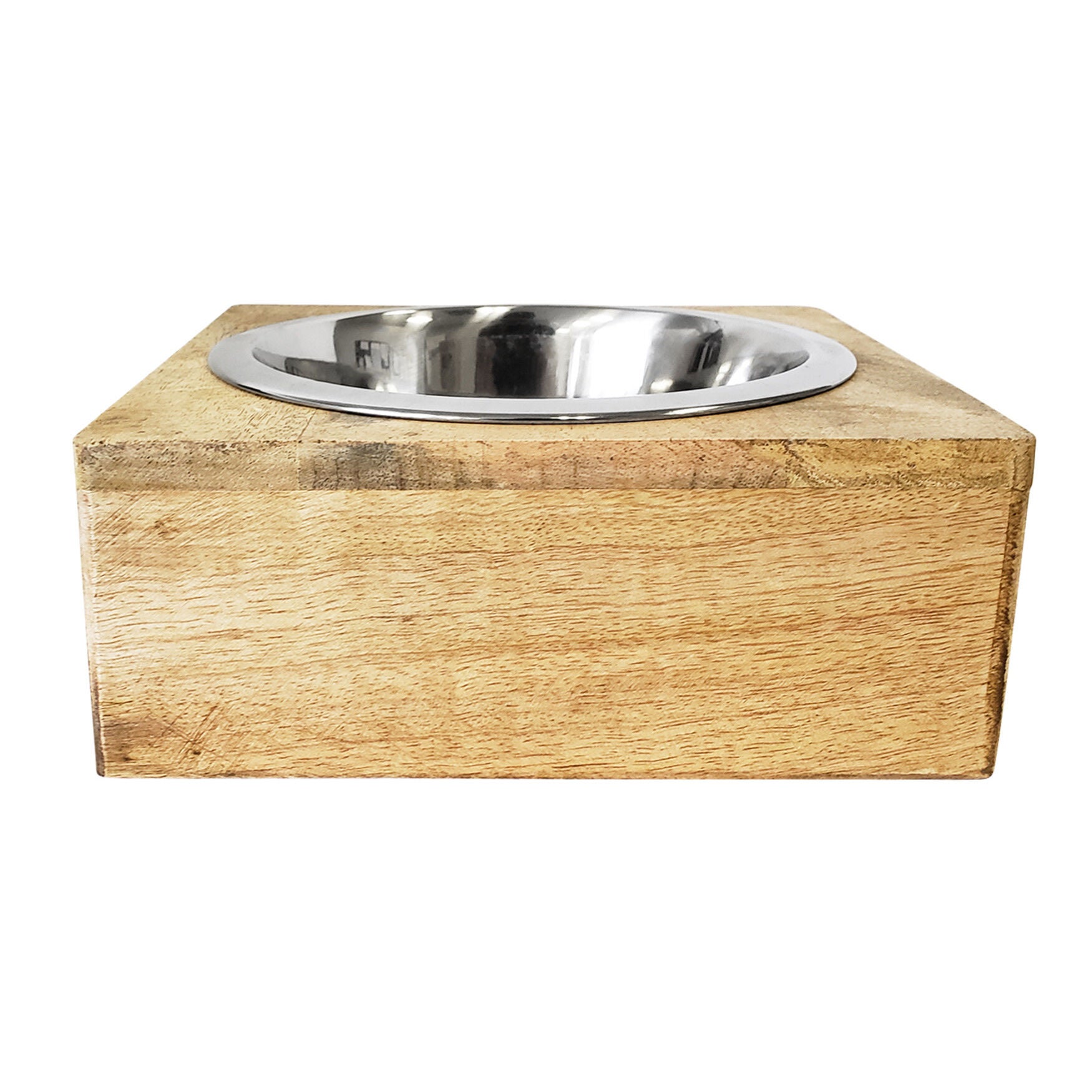 Stainless Steel Dog Bowl With Mango Wood Holder, SQUARE 1 QUART, hi-res image number 0