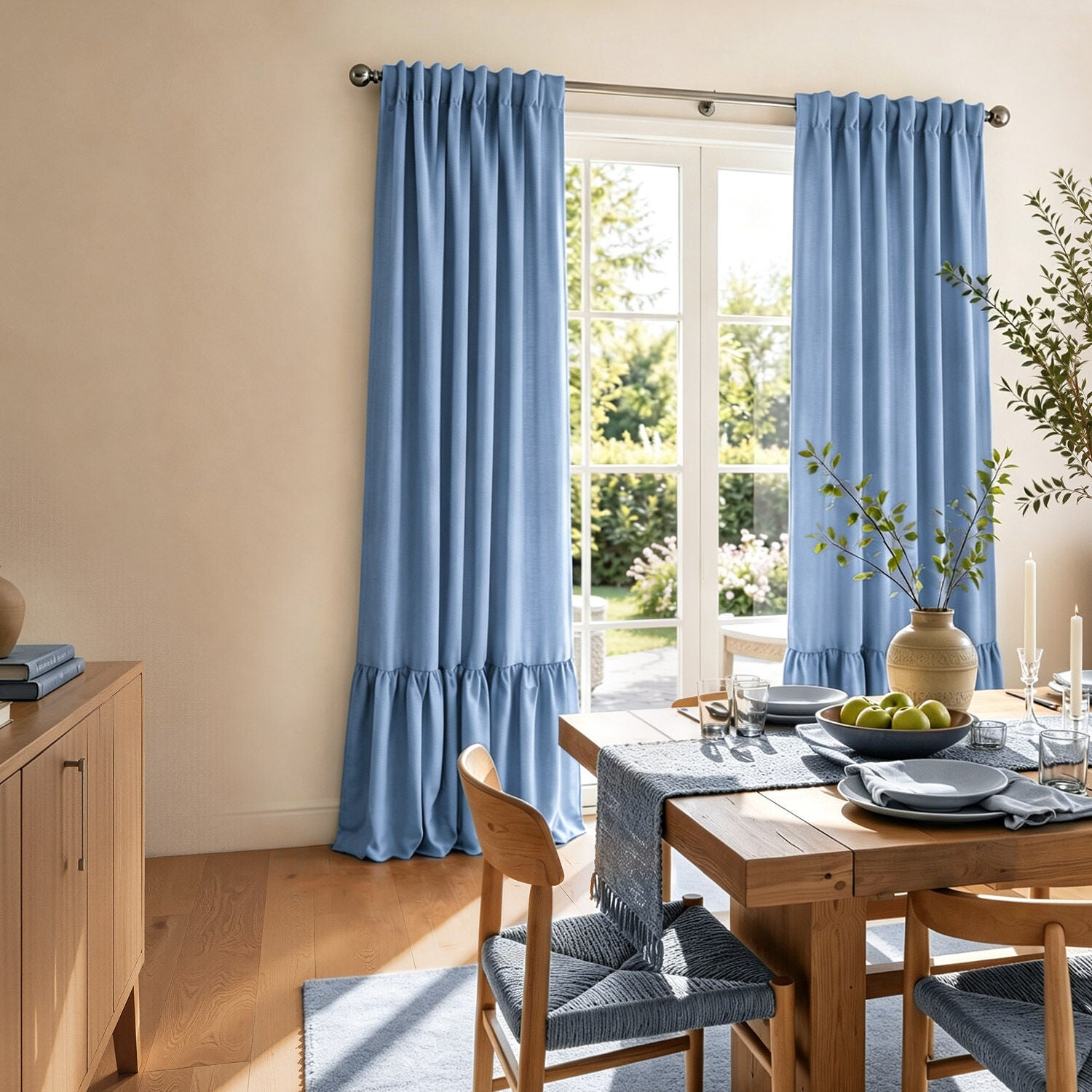 100% Blackout Recycled Cotton Ruffle Curtain Pair, BLUE, alternate image number 6