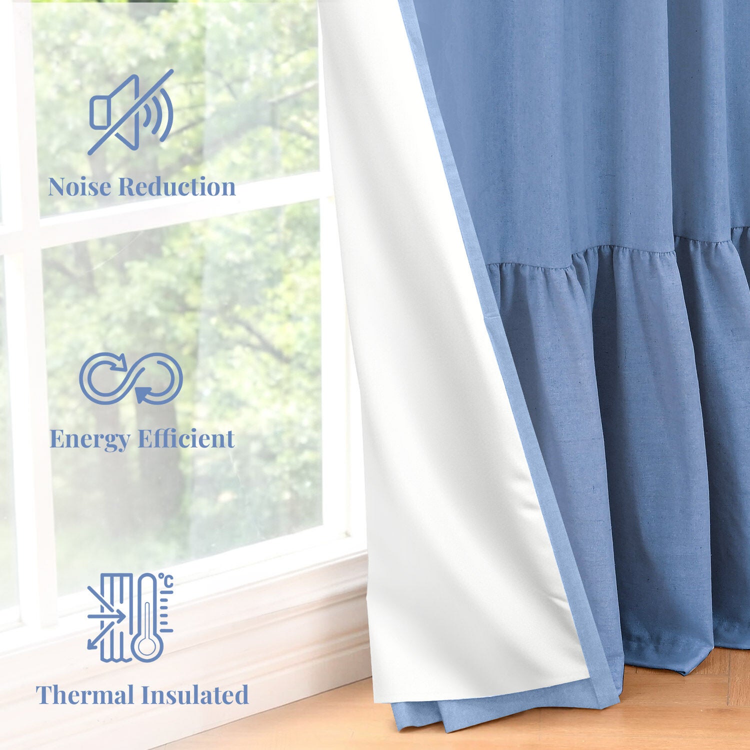 100% Blackout Recycled Cotton Ruffle Curtain Pair, BLUE, on-hover image number 1