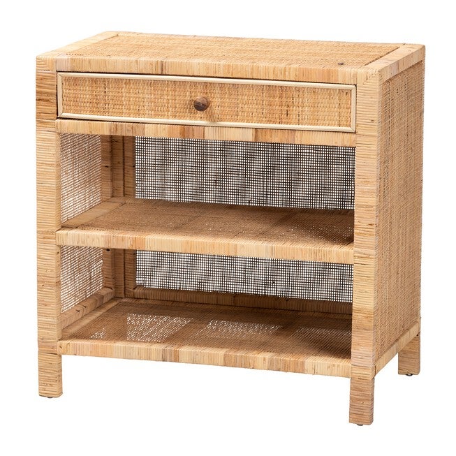 Bella Modern Bohemian Natural Brown Mahogany Wood And Natural Rattan 1-Drawer Console Table, NATURAL BROWN, hi-res image number null