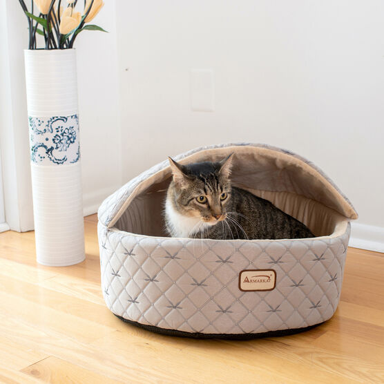 Cuddle Cave Cat Bed With Detachable & Collasible Zipper Top, Medium, Pale Silver and Beige, , on-hover image number null