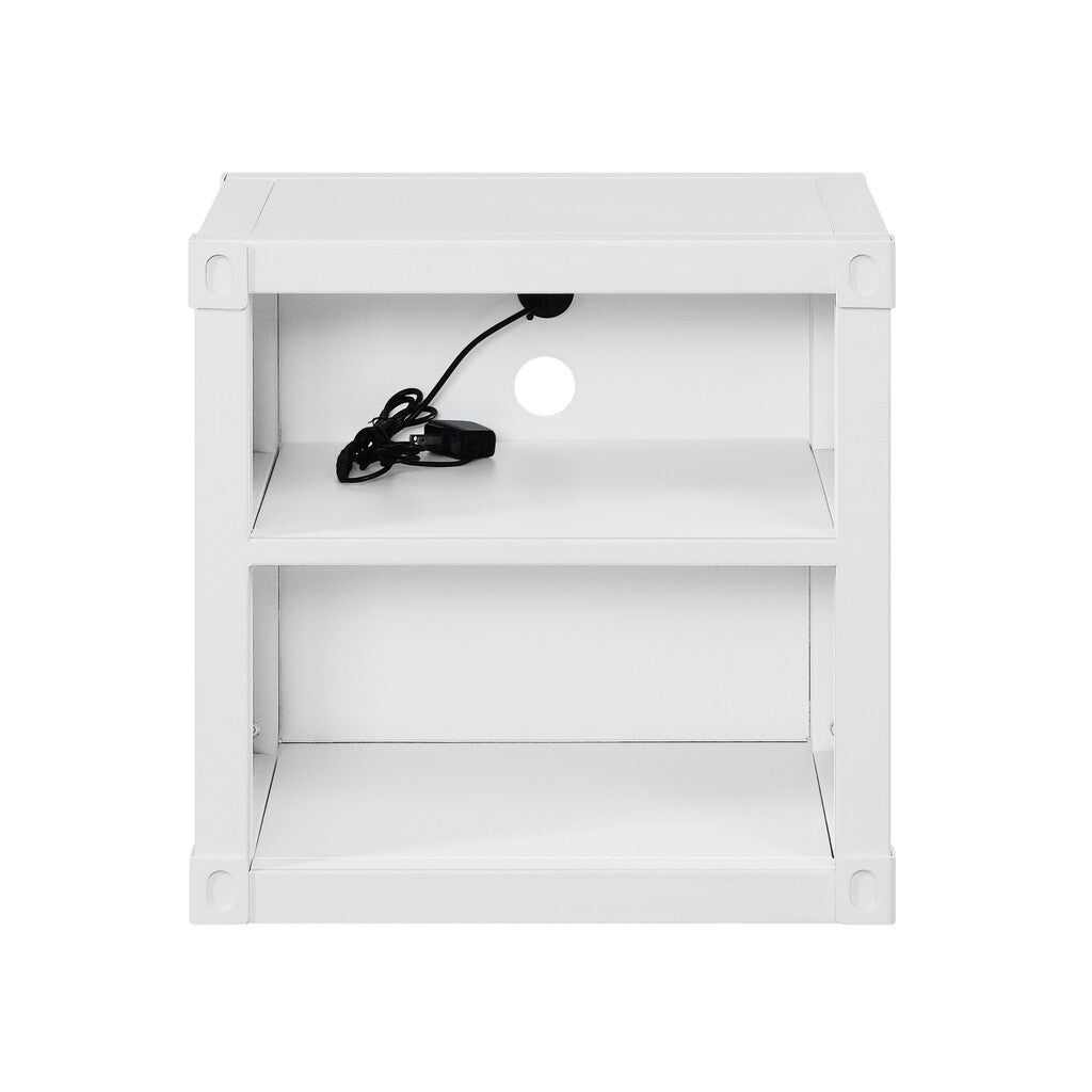 White nightstand with USB port and cable
