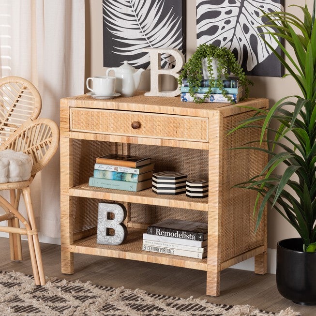 Bella Modern Bohemian Natural Brown Mahogany Wood And Natural Rattan 1-Drawer Console Table, , alternate image number null