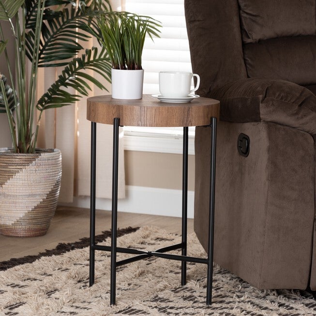 Savion Modern Industrial Walnut Brown Finished Wood And Black Metal End Table, , alternate image number null