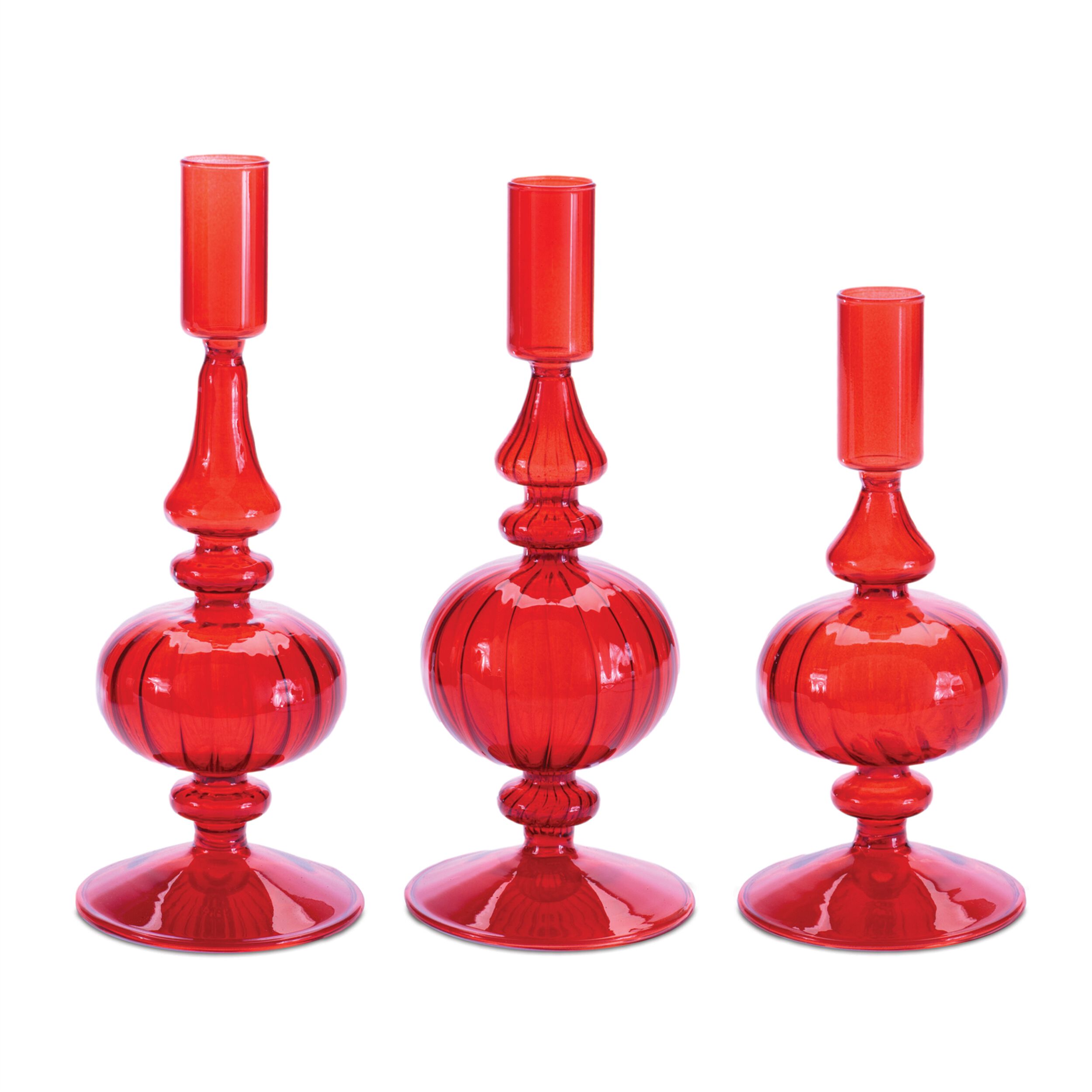 Ribbed Glass Taper Candle Holder (Set of 3), RED, hi-res image number 0