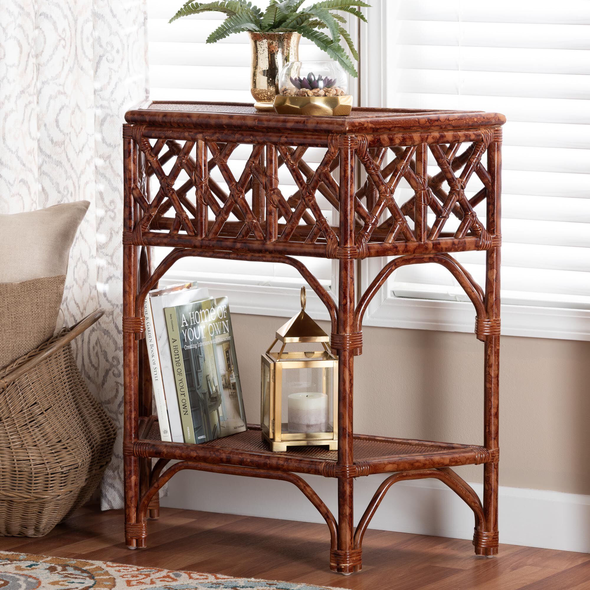 Gaspar Marbled Tortoise Natural Rattan Console Table | Catherines