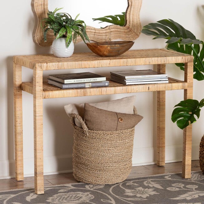 Kalimantan Bohemian Light Honey Rattan And Acacia Wood Console Table, , alternate image number null