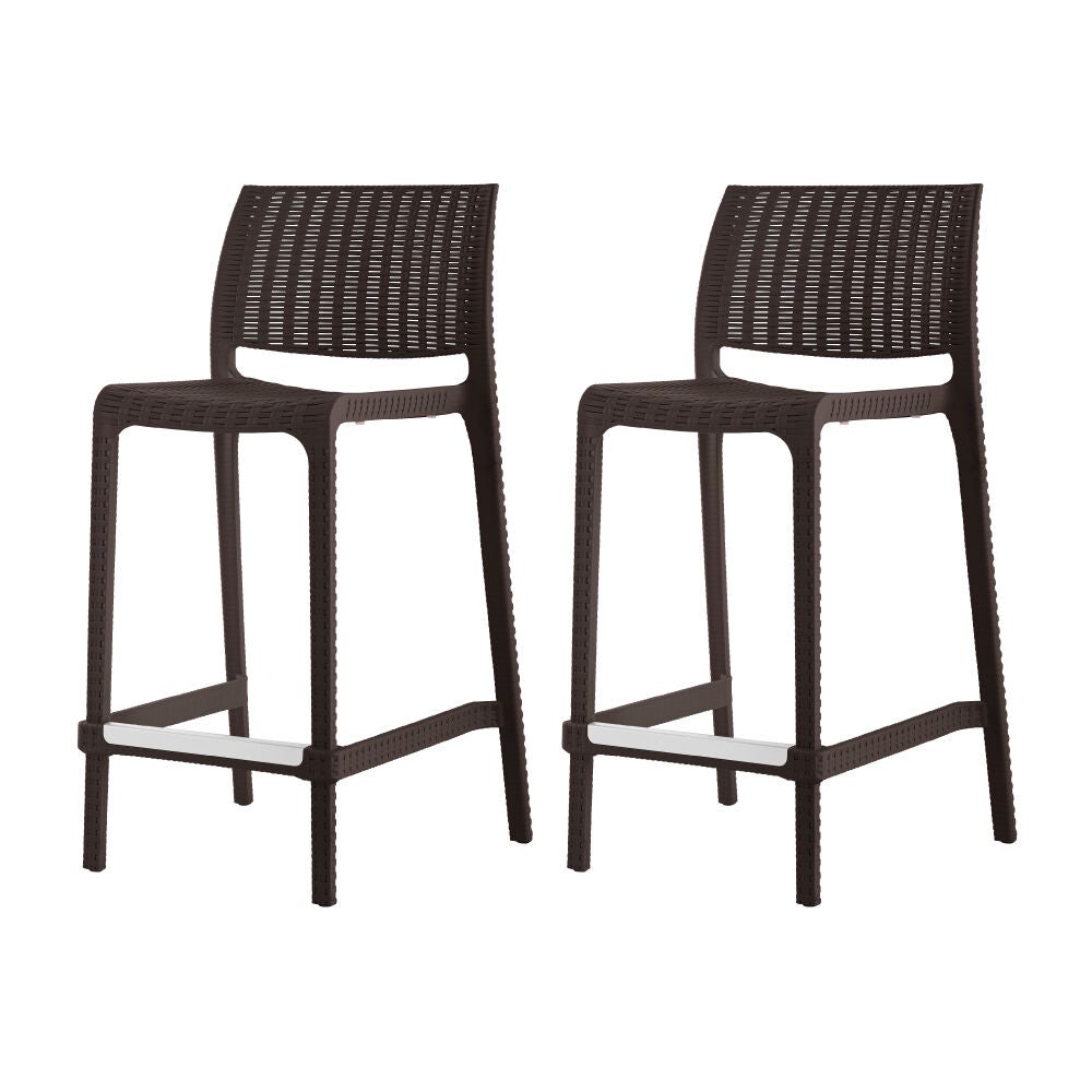 Pair of dark outdoor stackable counter stools with woven back and seat