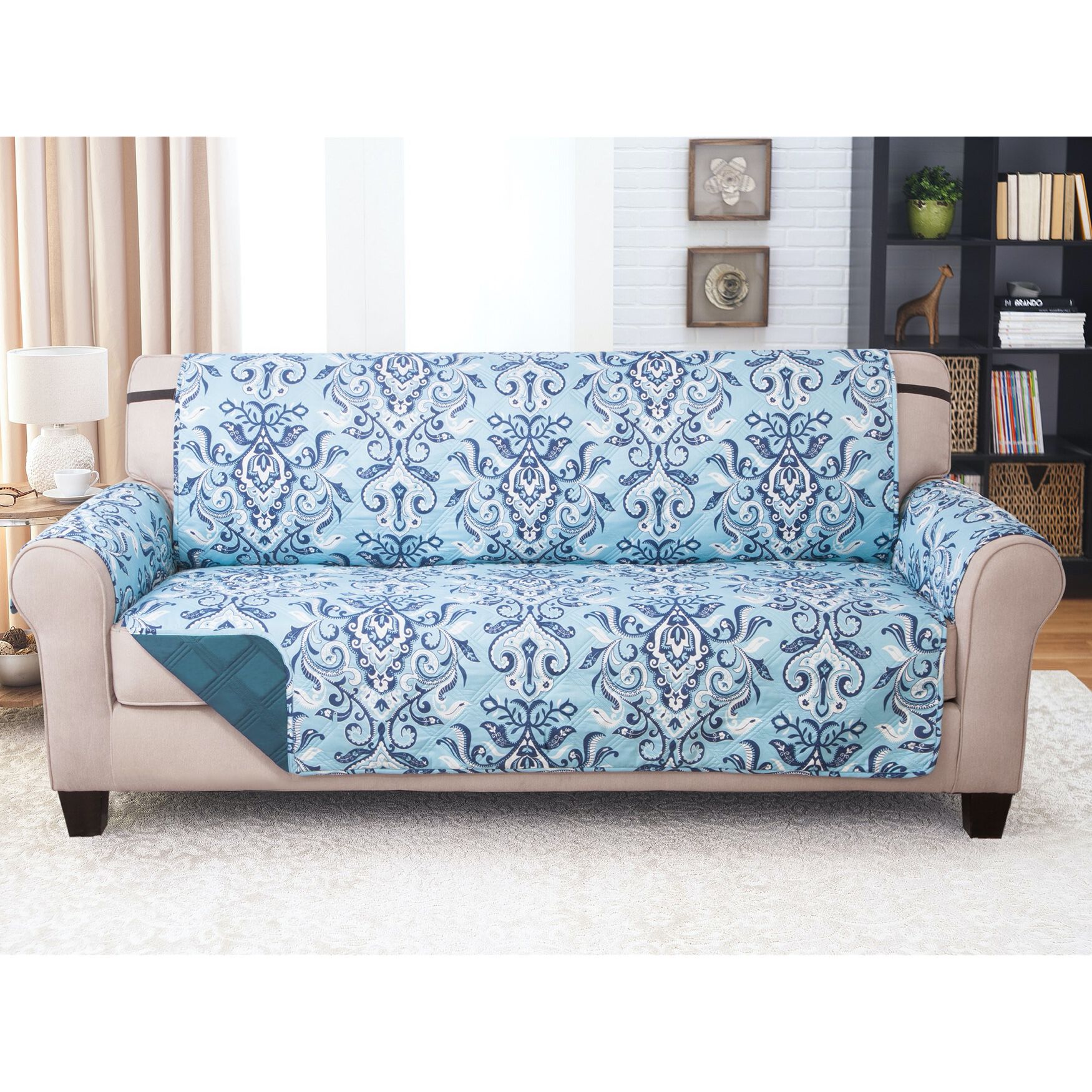 Printed Reversible Quilted Sofa Protector, BLUE, hi-res image number 0