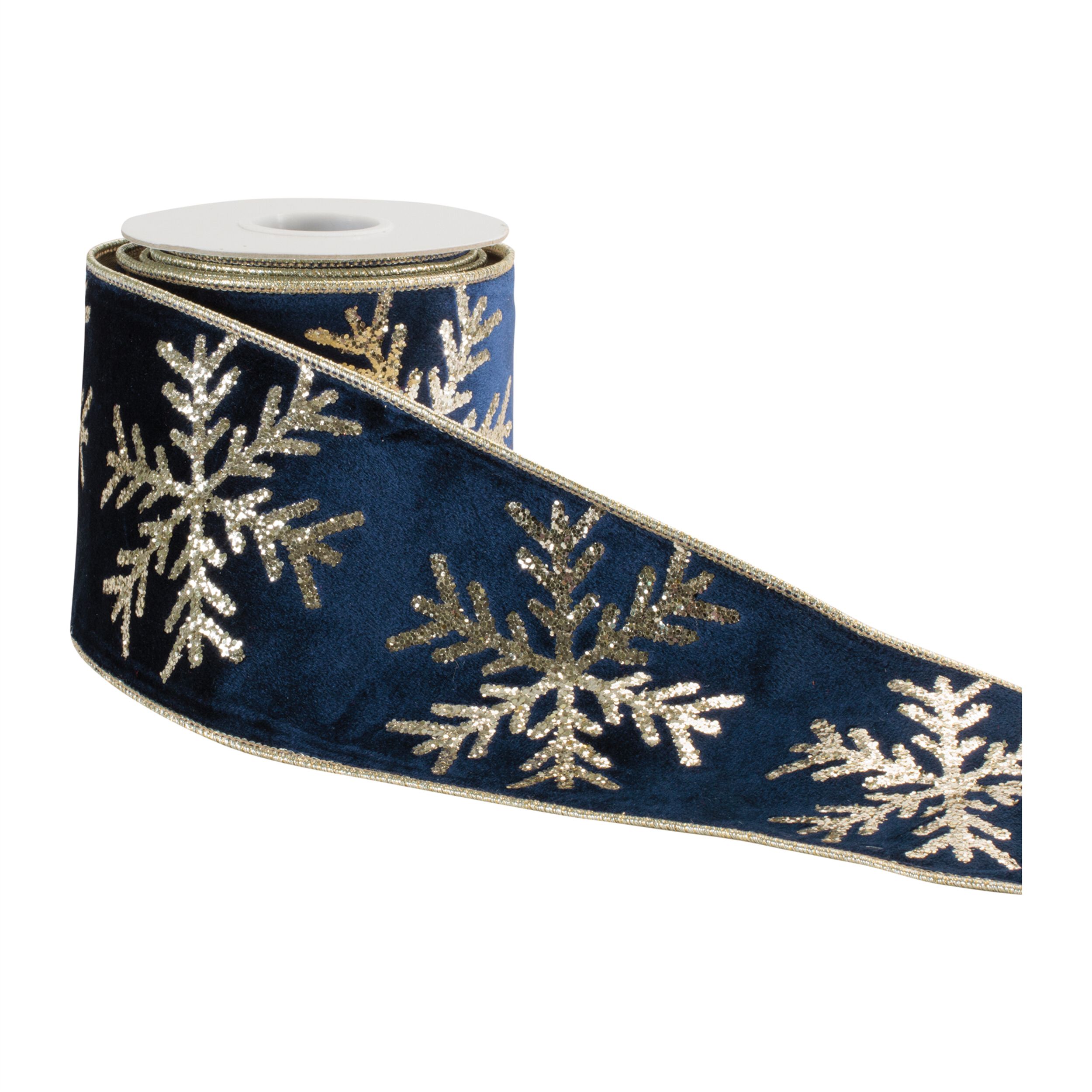 Snowflake Velvet Wired Ribbon 4 inches x 5 Yds., BLUE SILVER, alternate image number 1