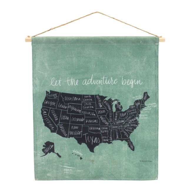 United States Wall Hanging 15 inchesL x 18.5 inchesH Linen/Wood, GREEN, hi-res image number null