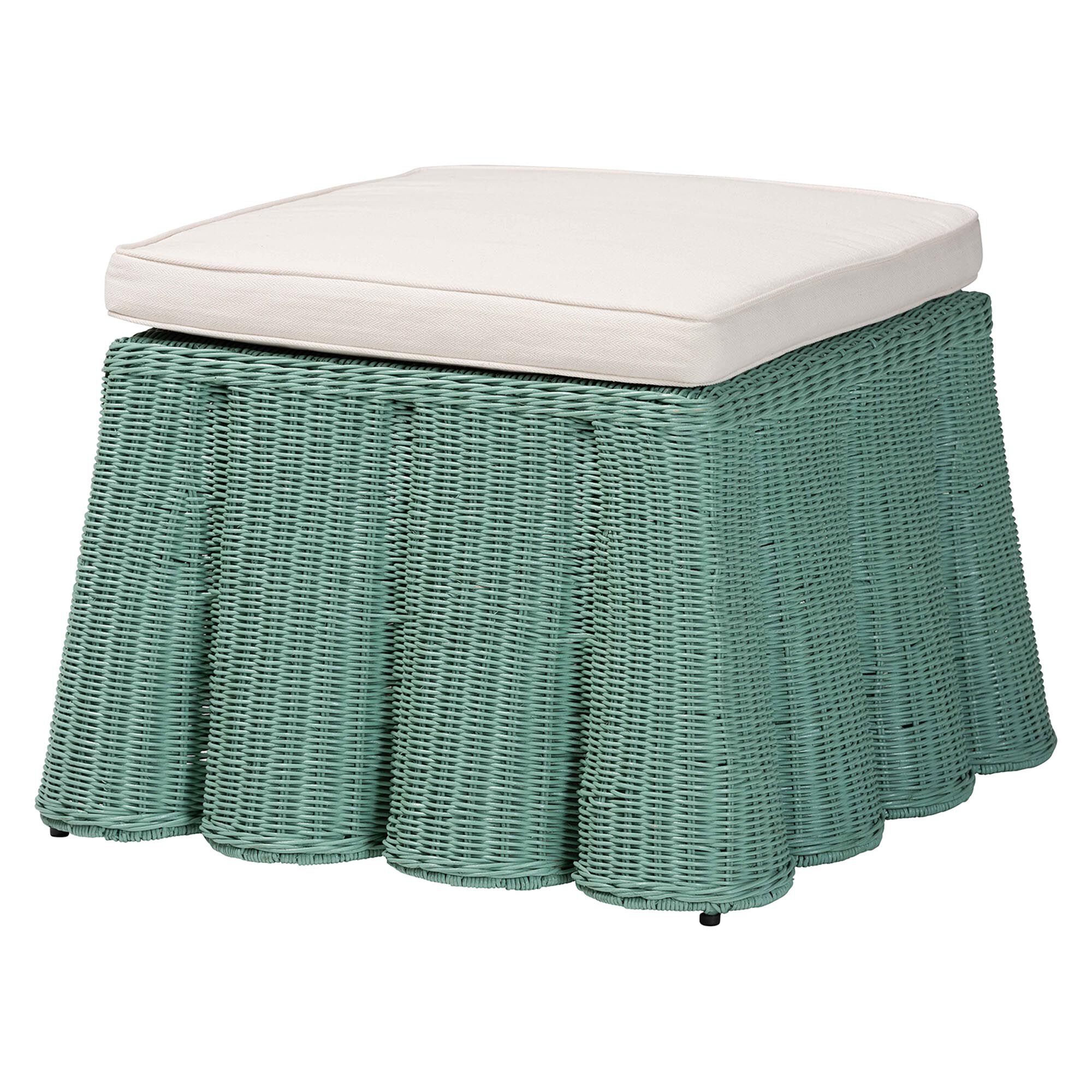 Palm Bohemian White Scallop Rattan Ottoman, GREEN, alternate image number 1