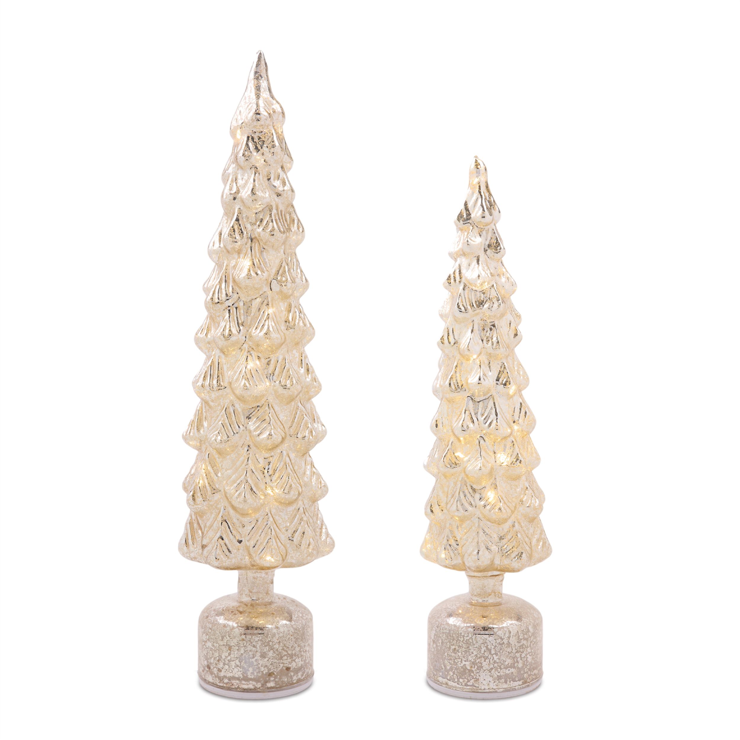 LED Mercury Glass Rotating Pine Tree (Set of 2), SILVER, alternate image number 1
