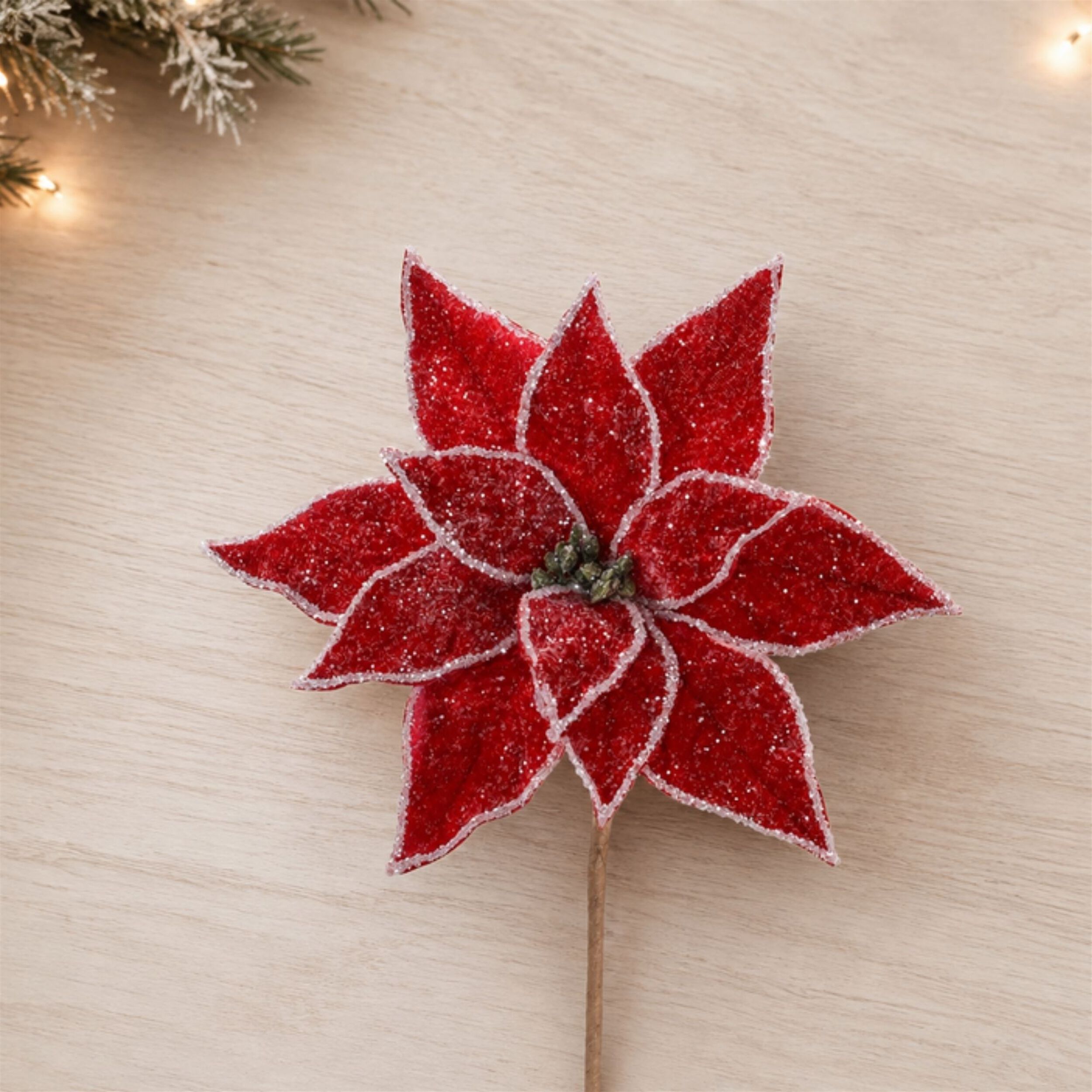 Glittered Poinsettia Flower Stem (Set of 2), RED, alternate image number 1
