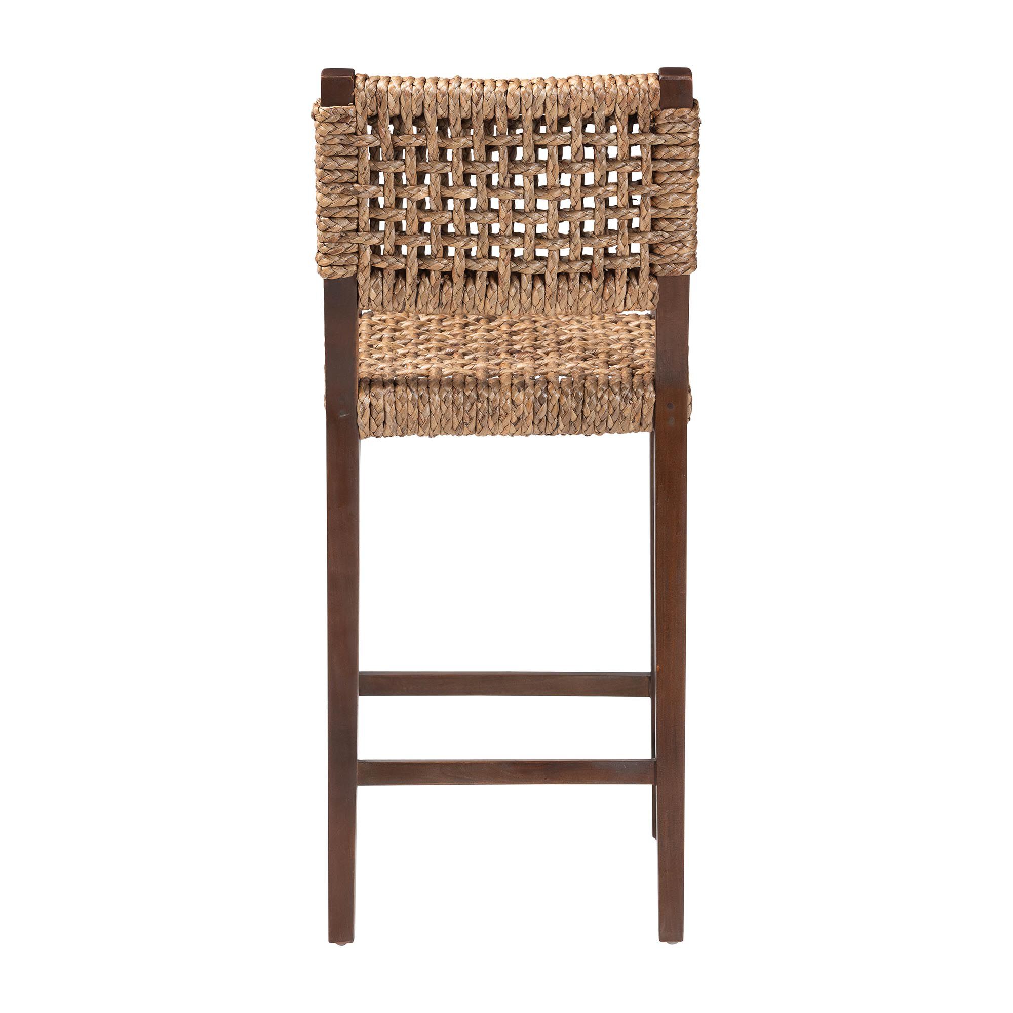 Back view of handwoven seagrass bar stool with wooden frame