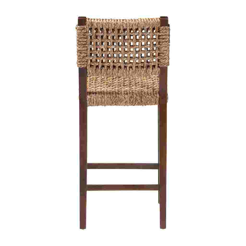 Back view of handwoven seagrass bar stool with wooden frame
