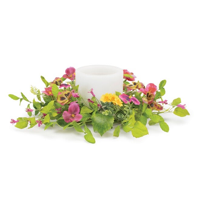 Mixed Pansy Floral Candle Ring 16 inchesD, GREEN/PINK, hi-res image number null