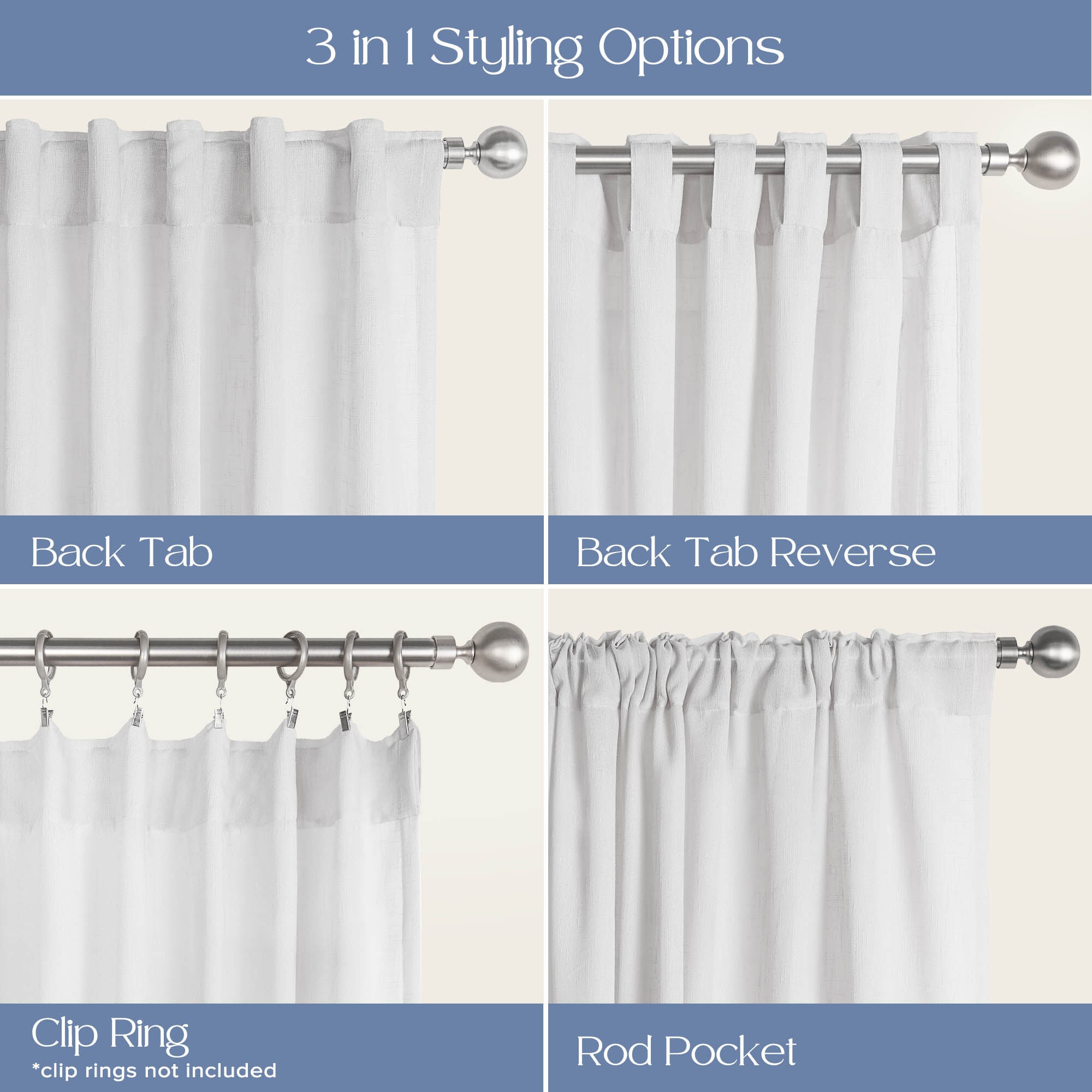 Linen Texture Double Ruffle Back Tab Curtain Pair, GREY, alternate image number 5
