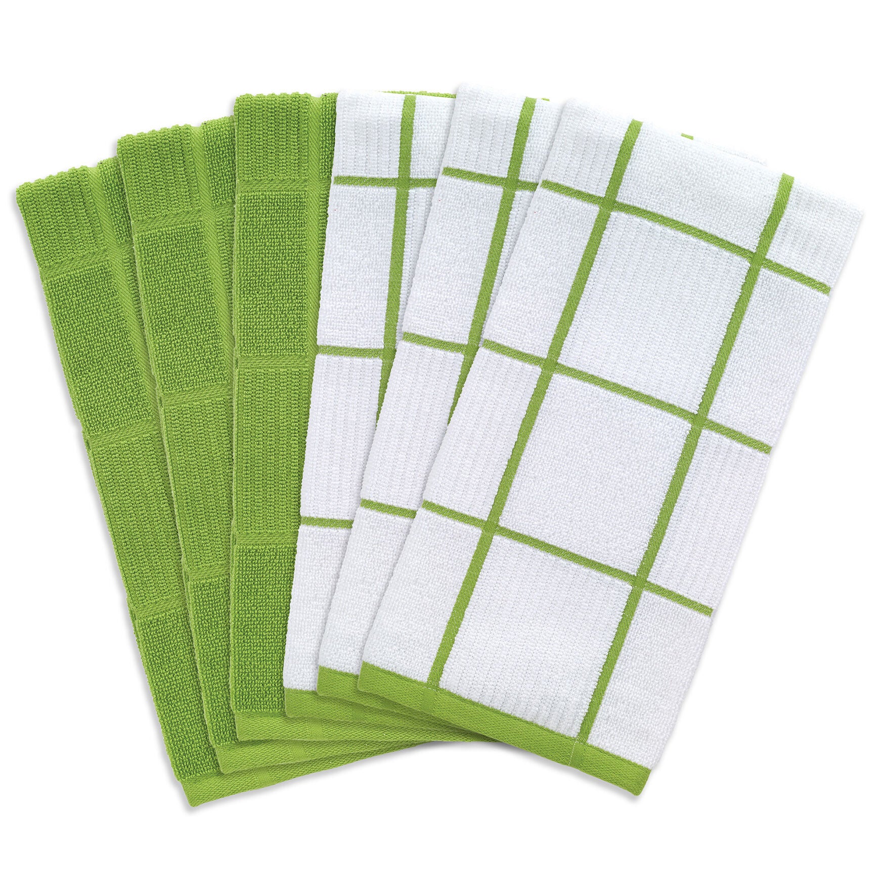 Solid And Check Parquet Kitchen Towel, Six Pack, GREEN, hi-res image number 0