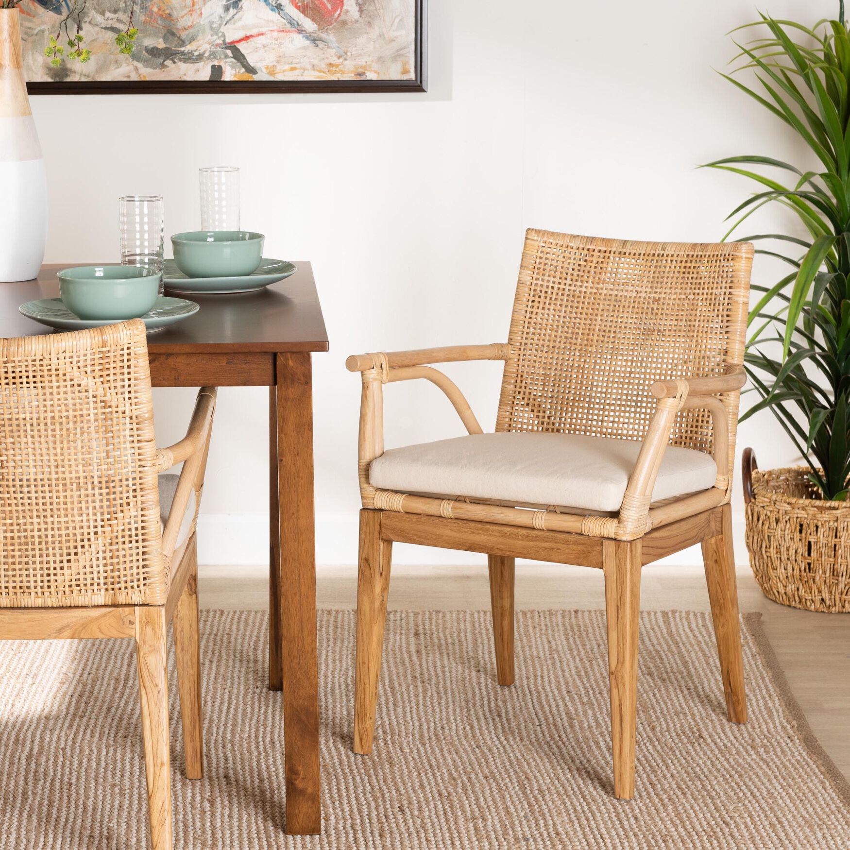 Storsel Modern Bohemian Natural Brown Finished Teak Wood and Rattan Dining Chair, , alternate image number 12