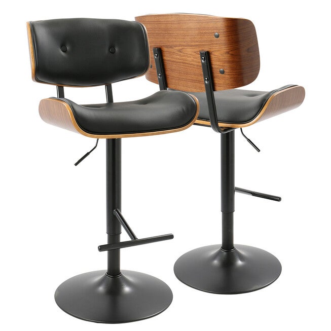 Lombardi Mid-Century Modern Adjustable Barstool In Walnut With Faux Leather Upholstery, , on-hover image number null